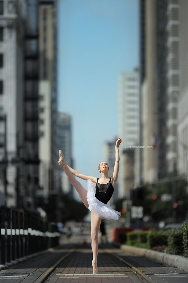 Houston Ballerina poses by Metro Rail in downtown Houston