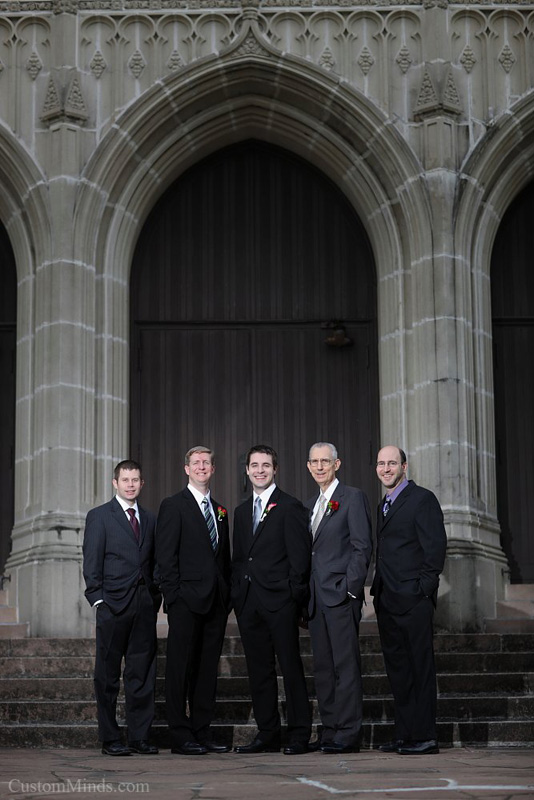 Groom and groomsmen in front of  St. Paul's United Methodist Church in Houston Texas