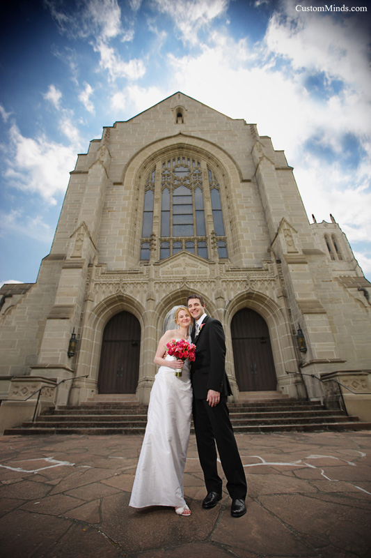 Bride and Groom outside chapel near downtown Houston Texas