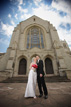 Bride and Groom outside chapel near downtown Houston Texas