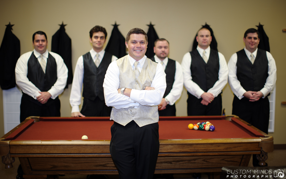Groom and Groomsmen at Briscoe Manor pool table in Richmond Texas