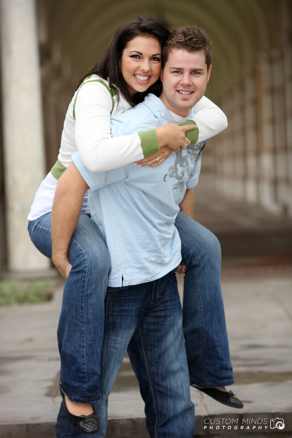 Piggy-back ride at Rice University engagement session