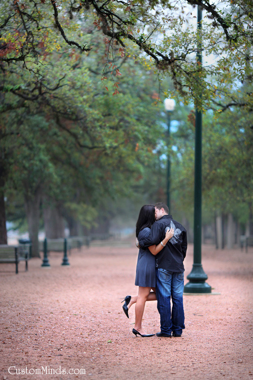 Kissing at Hermann Park engagement session