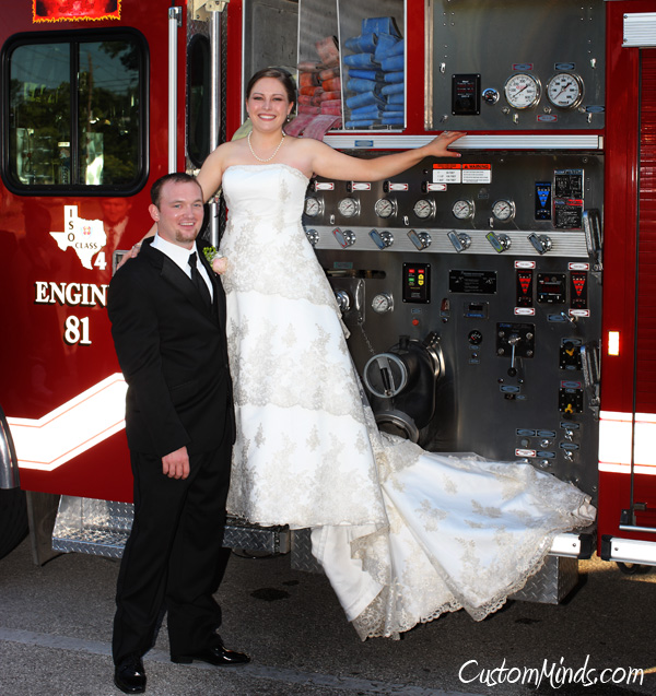 Bride and Groom leave the reception in a firetruck